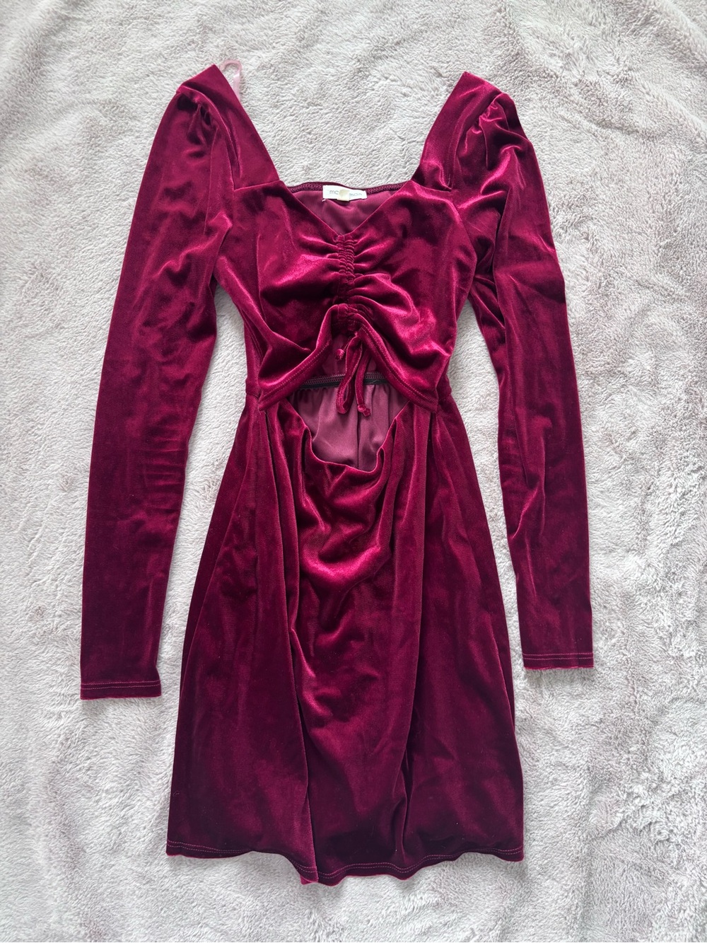 Moa Moa Burgundy Velvet Long-Sleeve Cutout Mini Dress